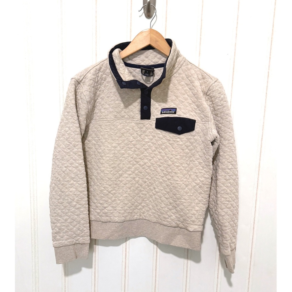 Patagonia Womens Organic Cotton Quilted Snap-T Pullover Oatmeal Navy Small